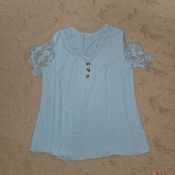 MODLILY® Dusty Blue Lace Short Sleeve T Shirt - Large - Picture 1 of 7